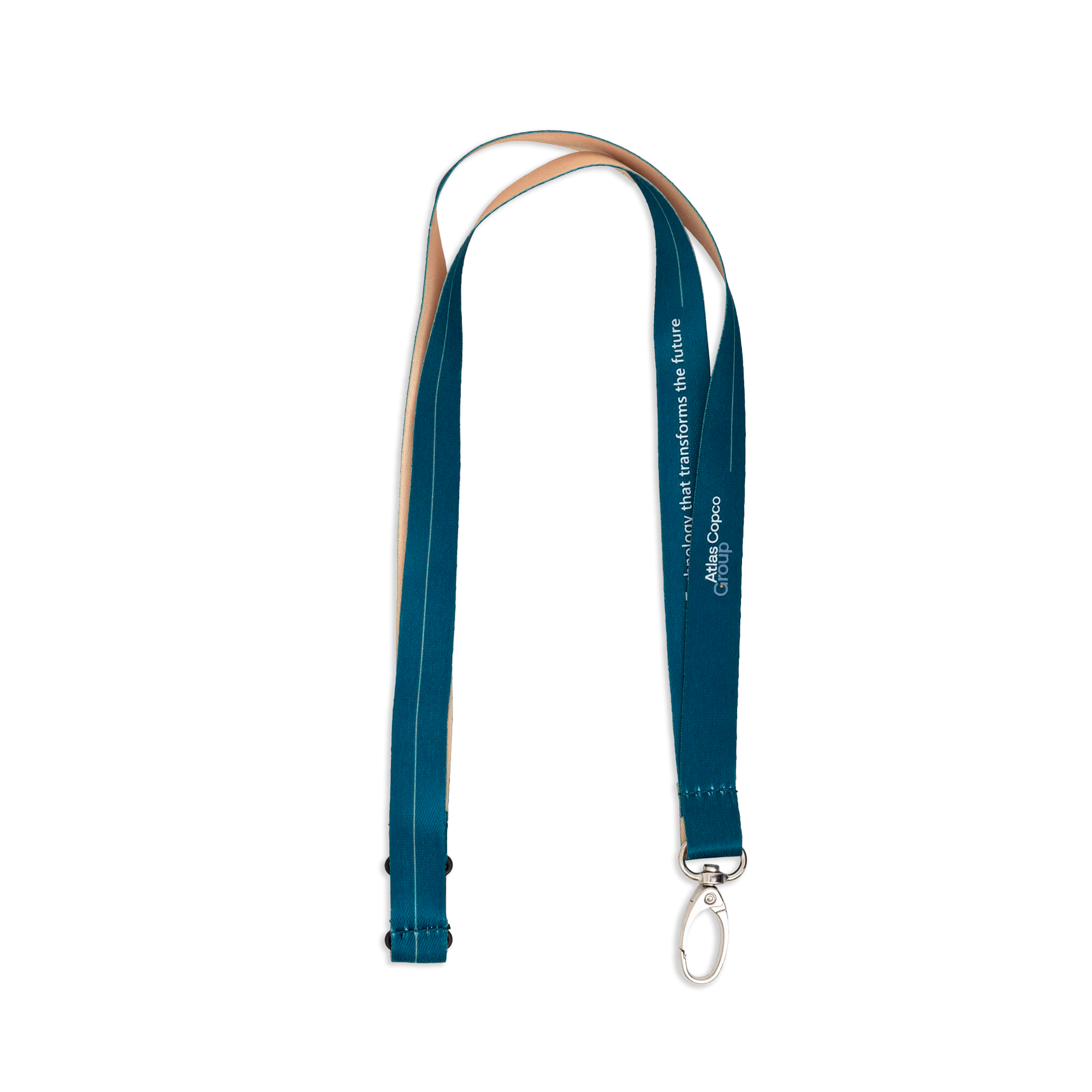 teal and gold lanyard with group logo