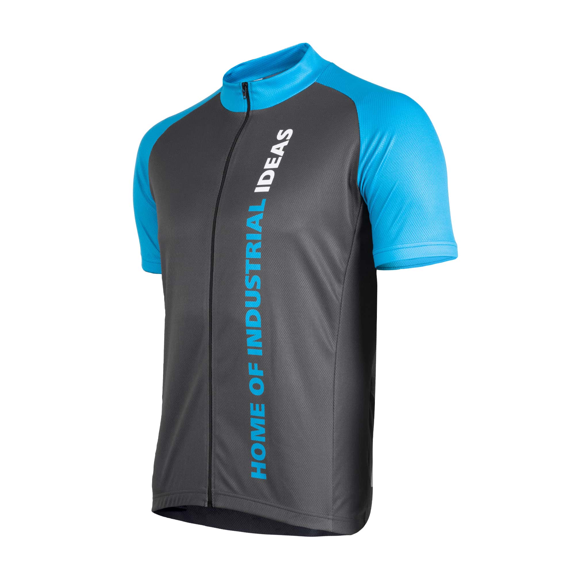 grey bike shirt with blue sleeves and logo