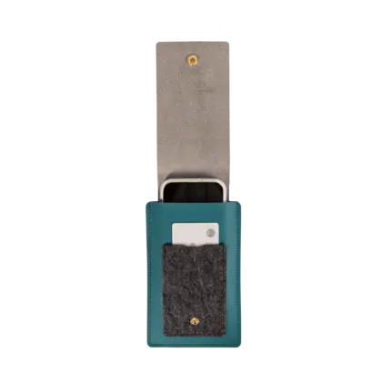 teal pouch opened with cards and phones