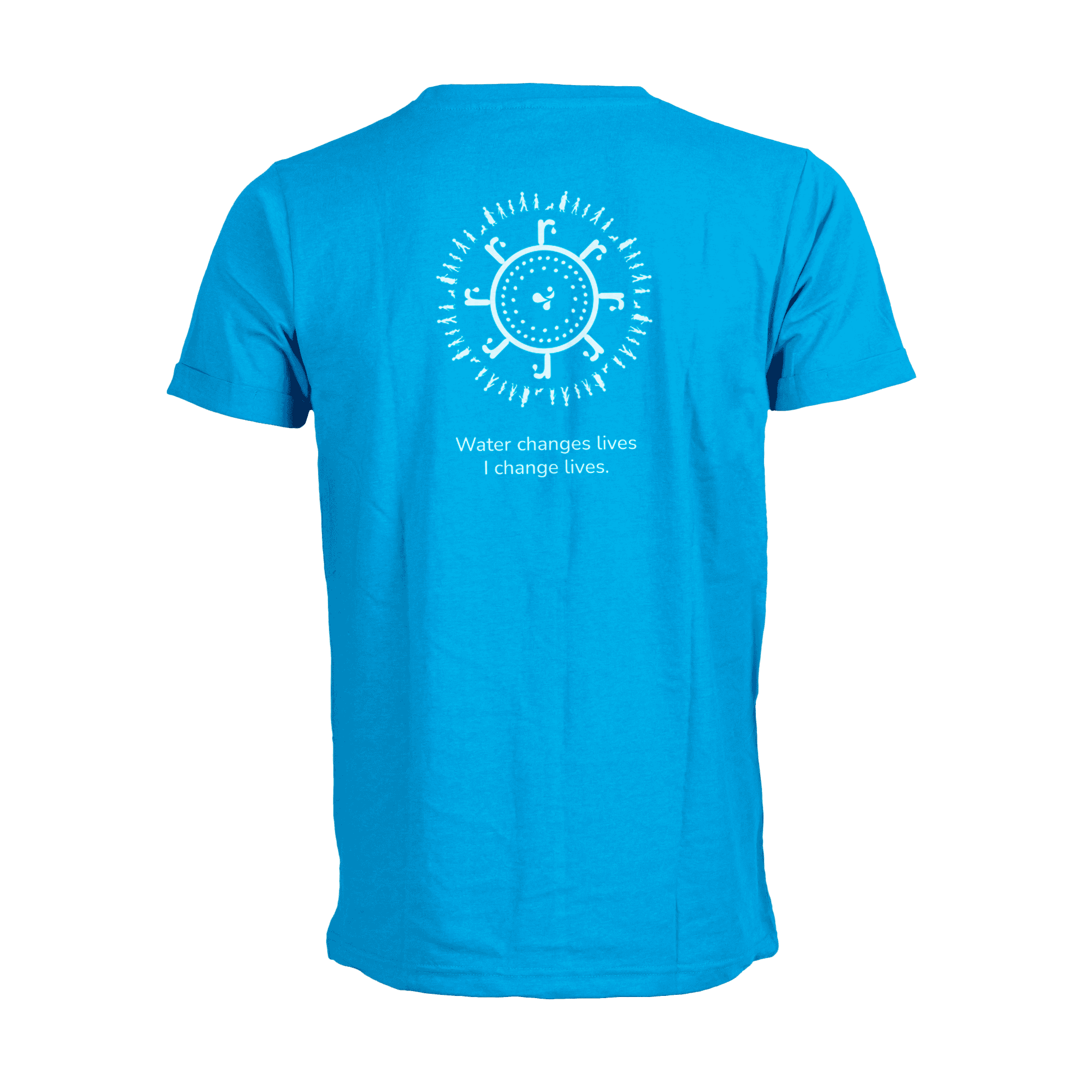 blue tshirt with white atlas copco logo and water for all logo on the back