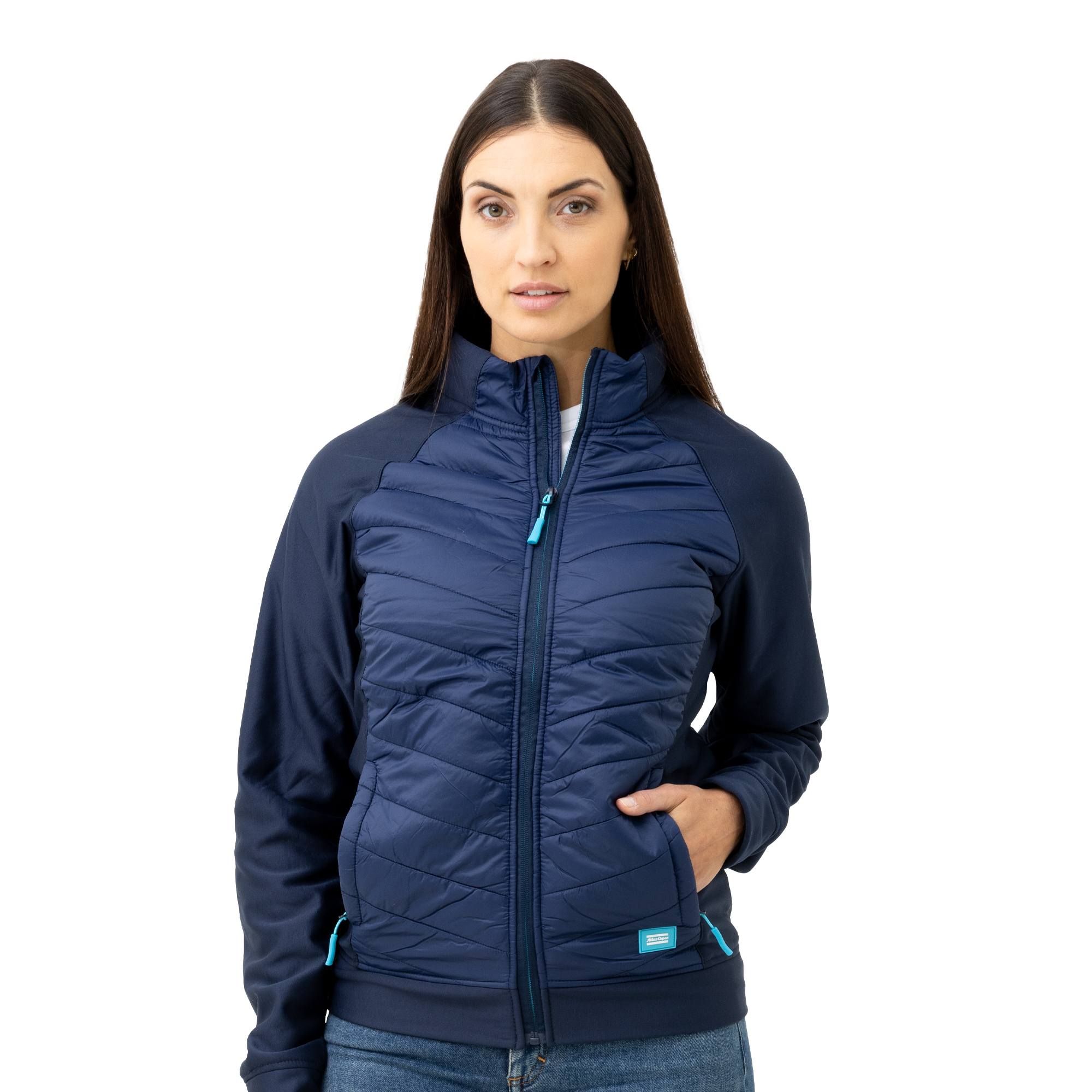 crossover jacket in navy color and atlas copco logo patch