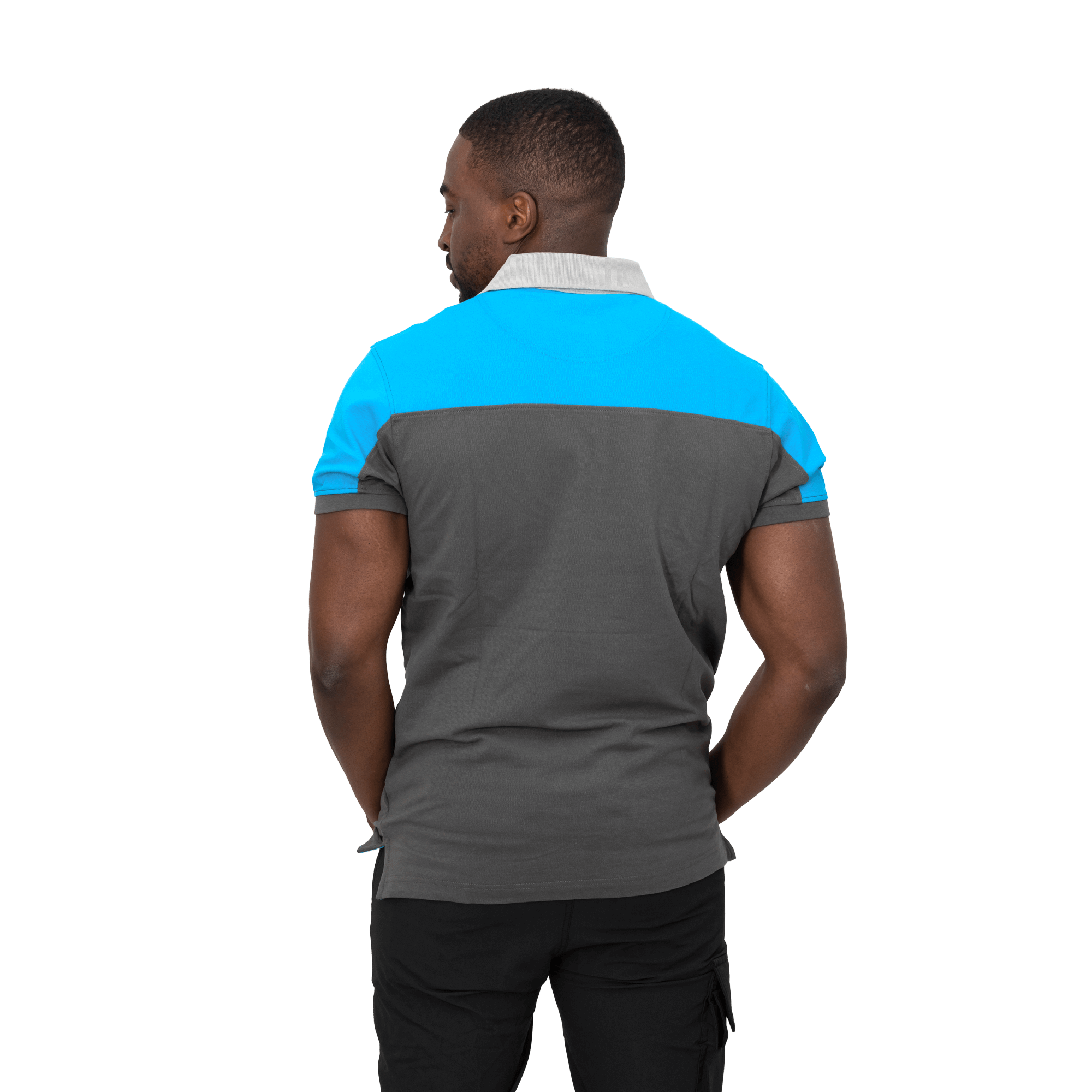 grey polo with blue shoulders