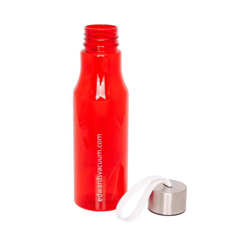 red transparent water bottle with edwards logo