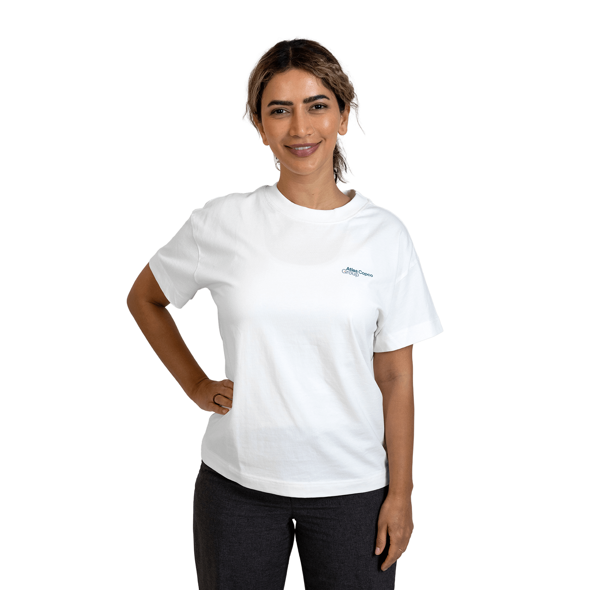 woman wearing white tshirt with atlas copco group logo