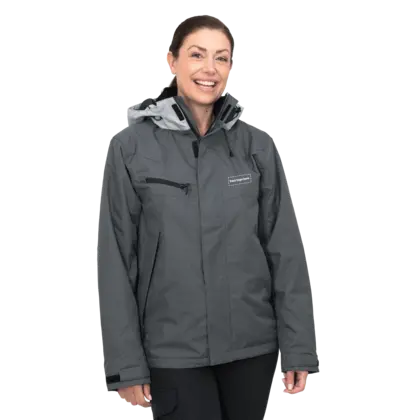 grey work wear jacket on female model