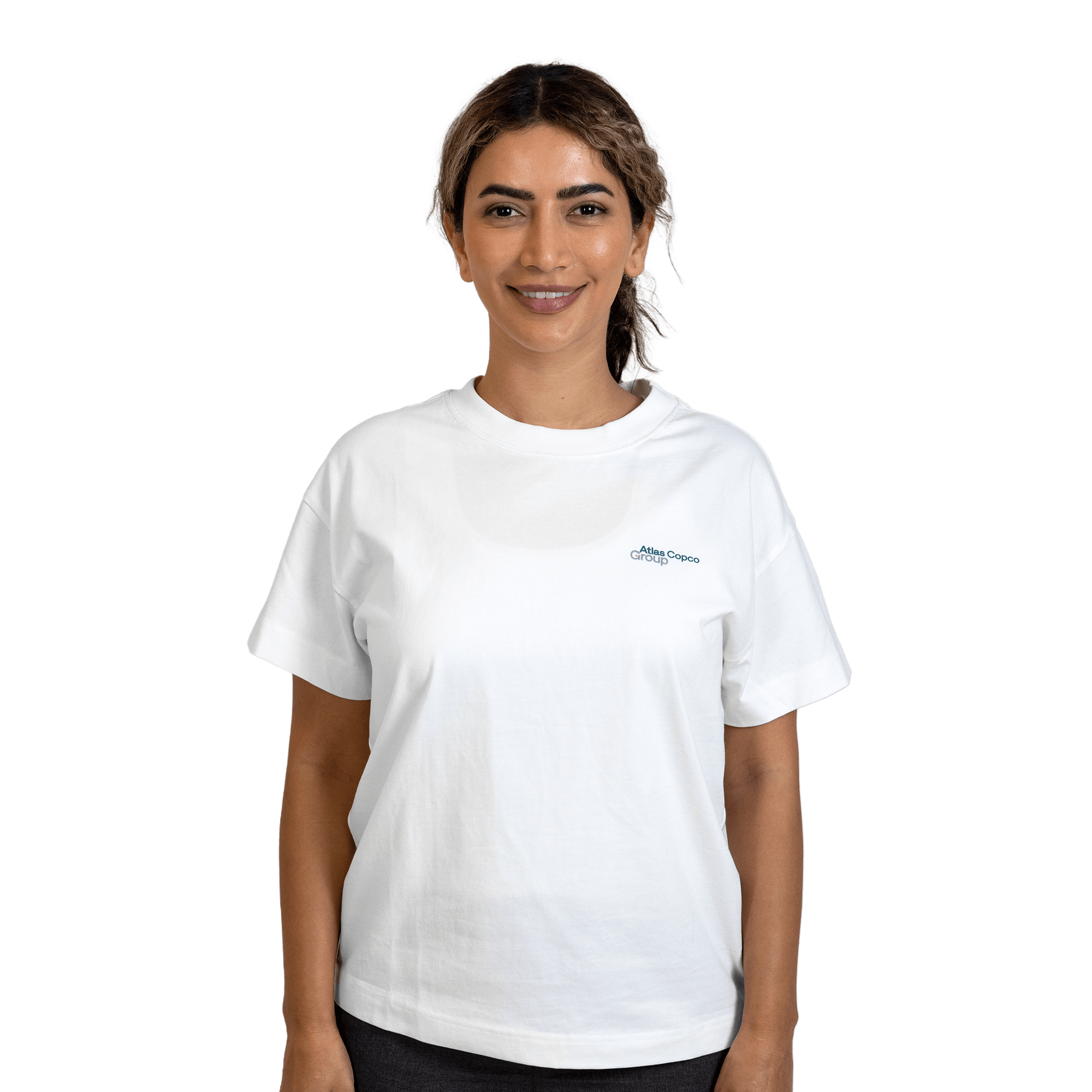 woman wearing white tshirt with atlas copco group logo