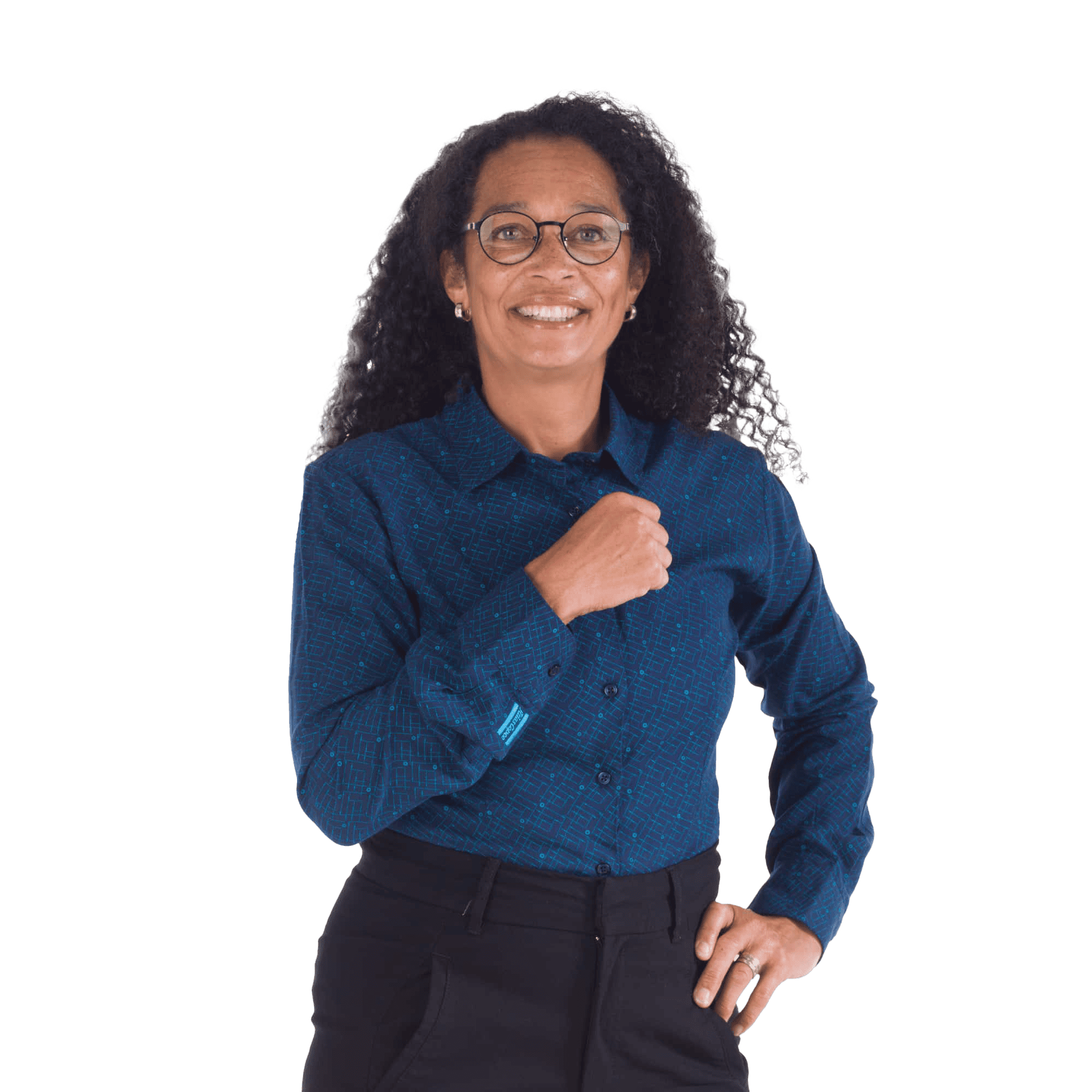 blue business shirt with blueprint pattern and atlas copco logo on sleeve