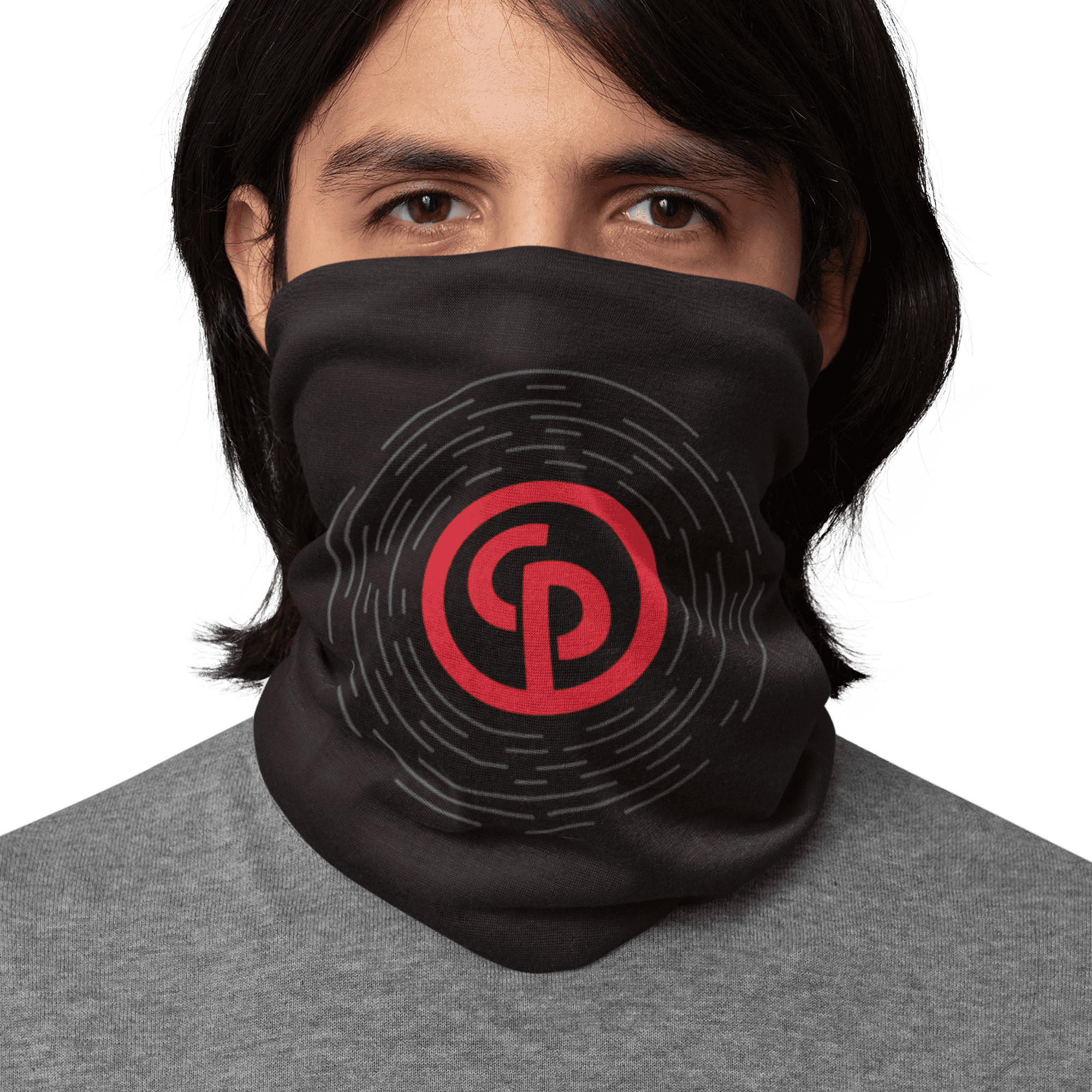 black multiwear with chicago pneumatic logo in red on model close up