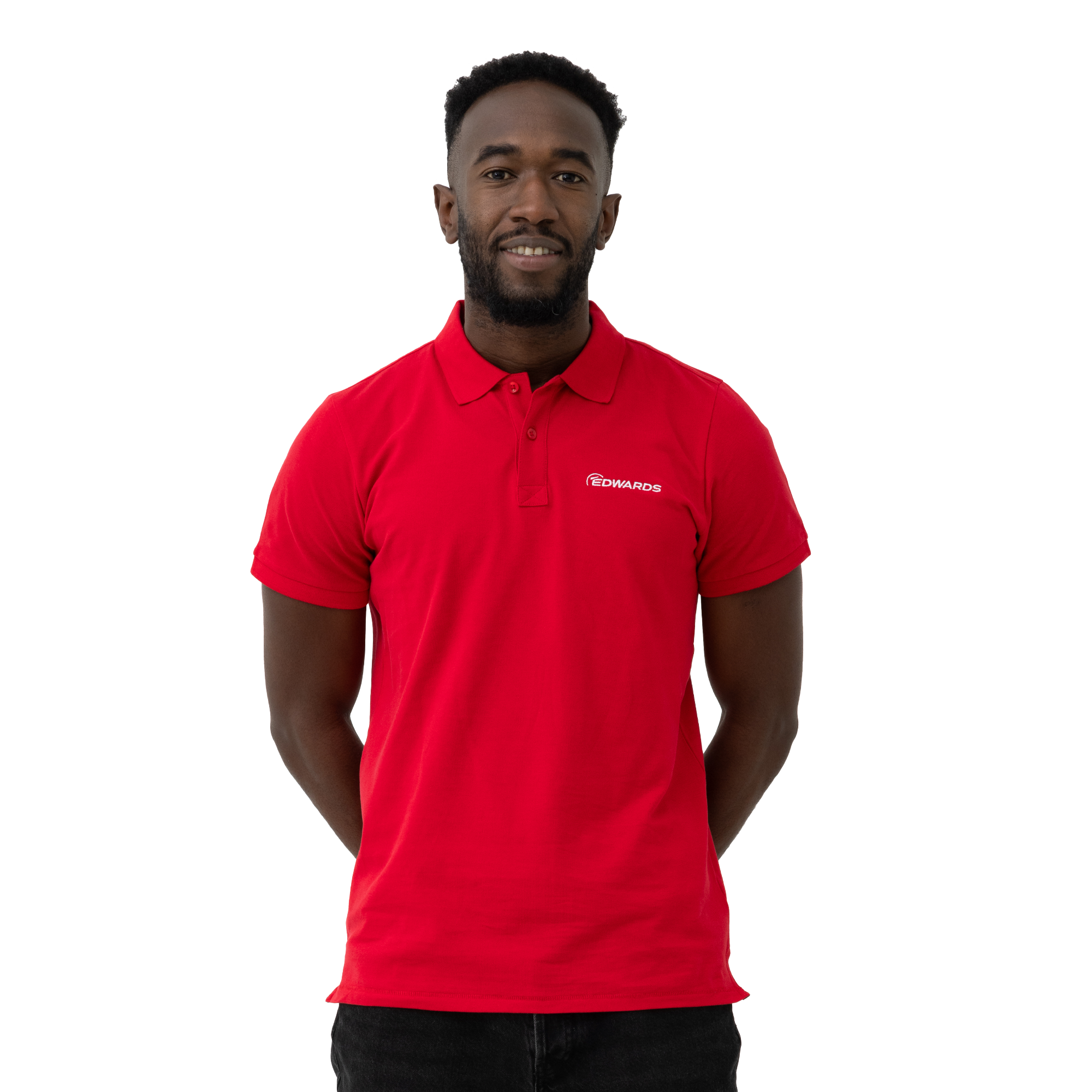 red polo shirt with white edwards logo on male model