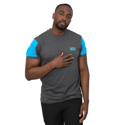 grey tshirt with blue sleeves and atlas copco logo