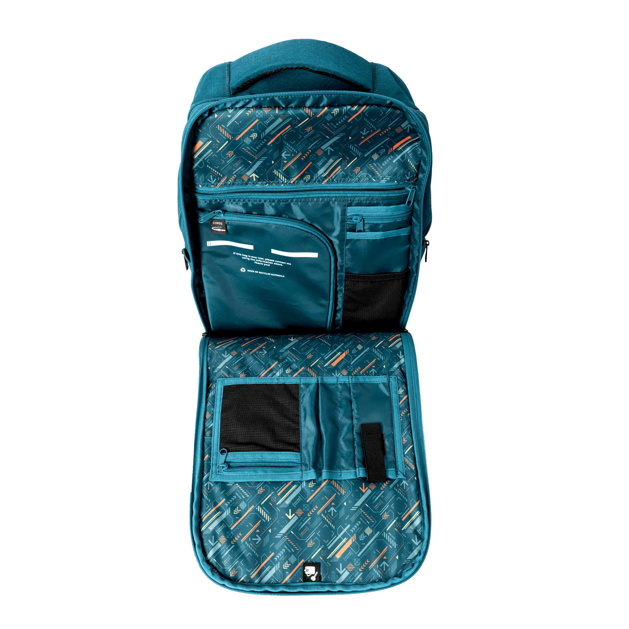 Teal color backpack with Atlas Copco Group logo