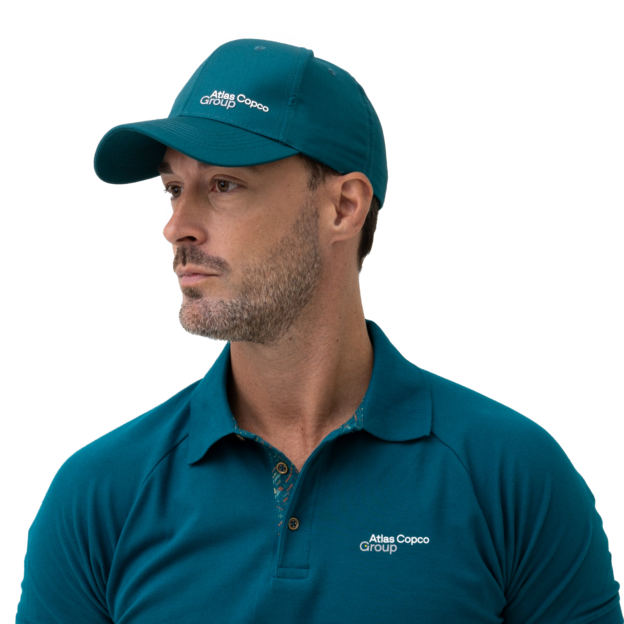 teal atlas copco group cap with white logo