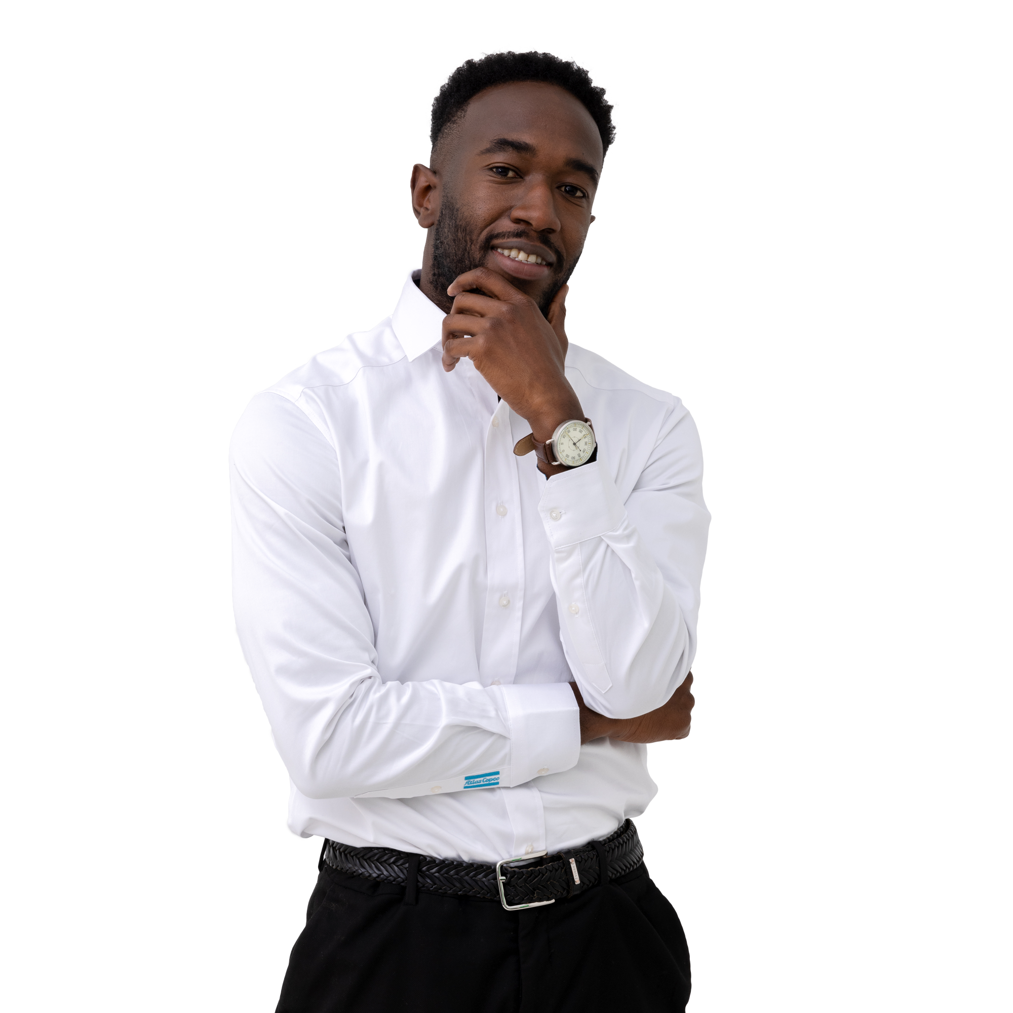 white business shirt with logo on sleeves