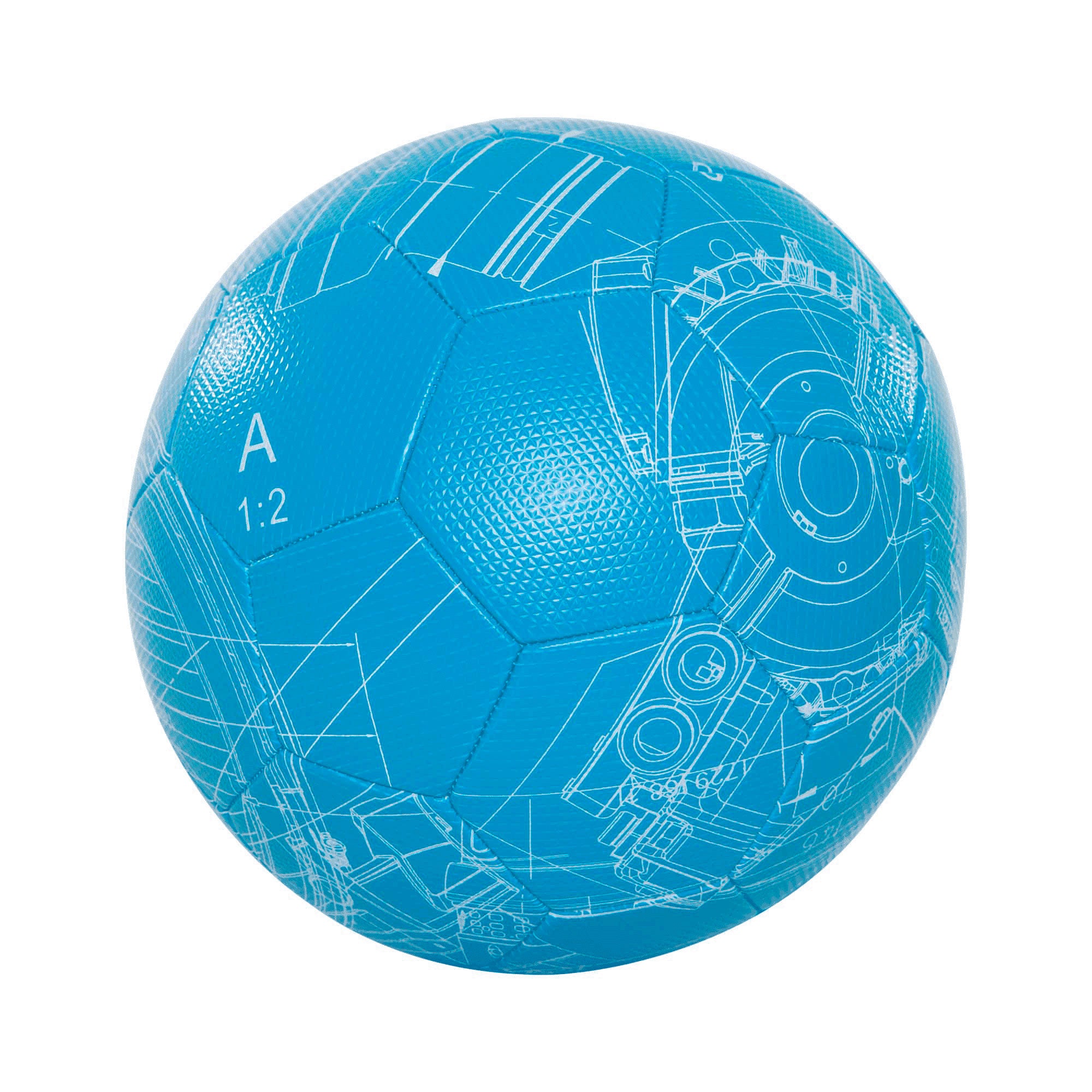 blue atlas copco football with white blueprint