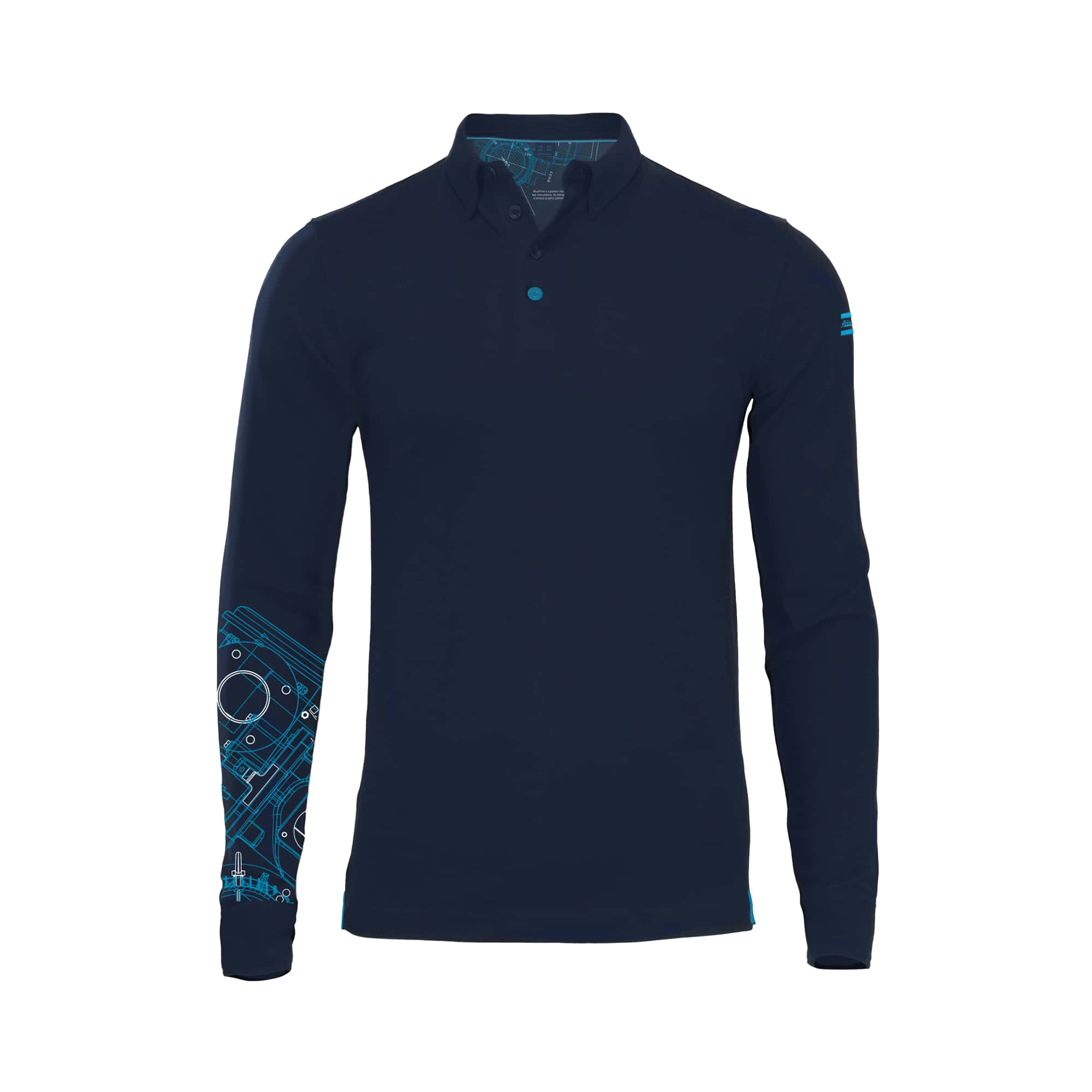 blue long-sleeve polo with blueprint pattern