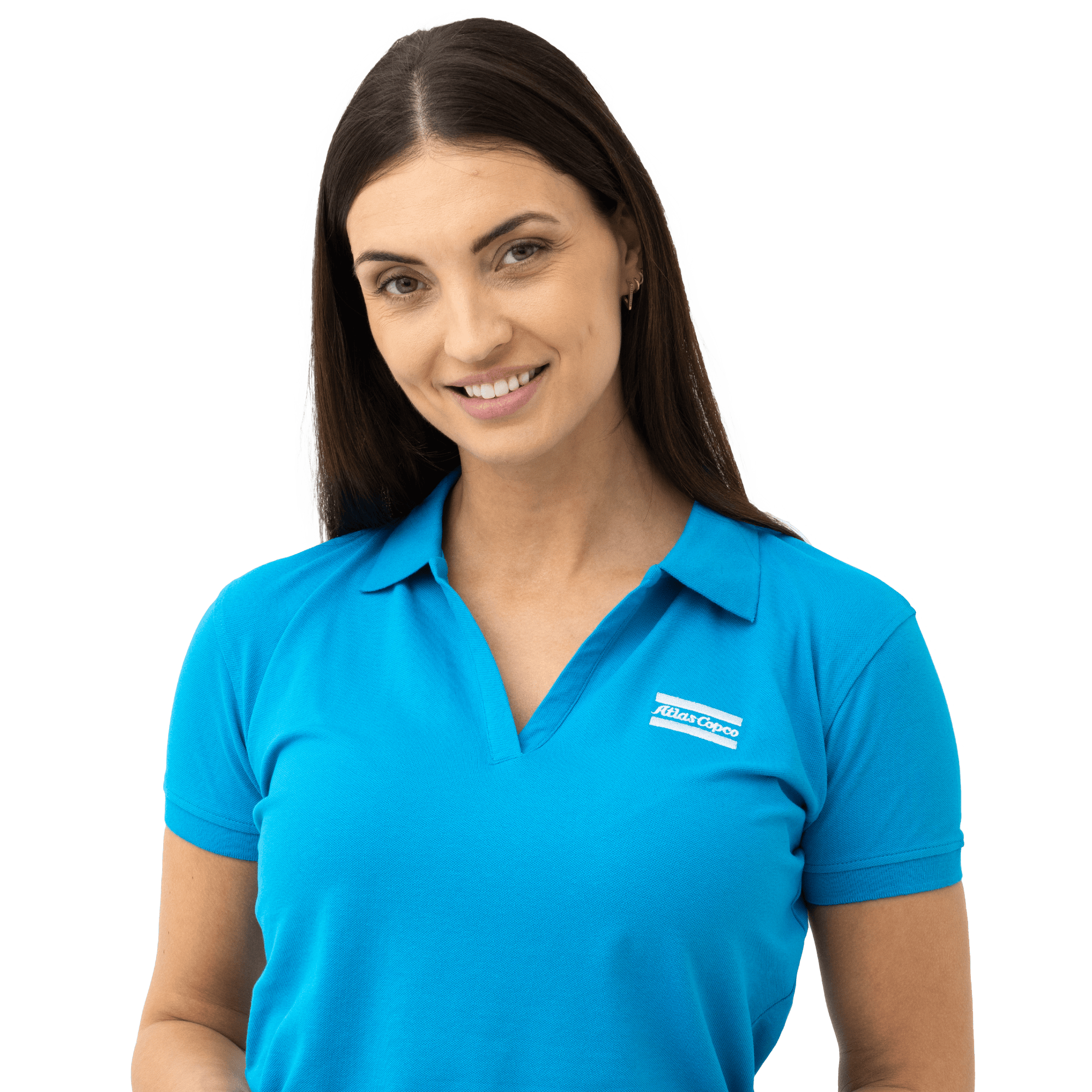 blue polo with atlas copco logo in white