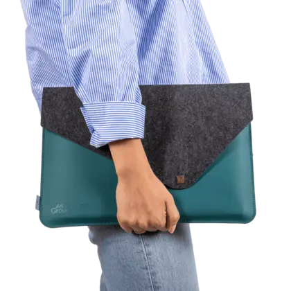 Teal laptop sleeve with polyester lid handheld