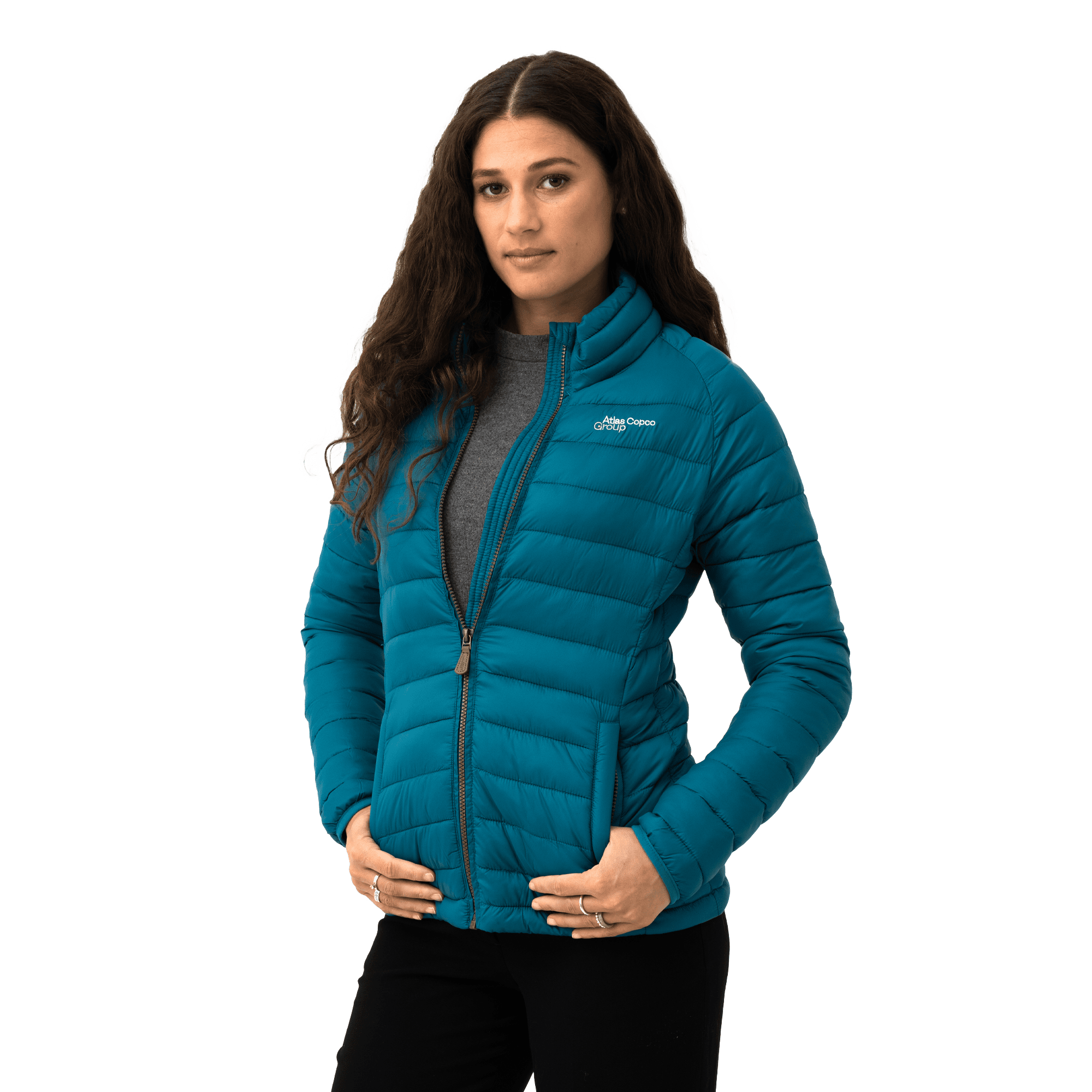 teal padded jacket with atlas copco group logo