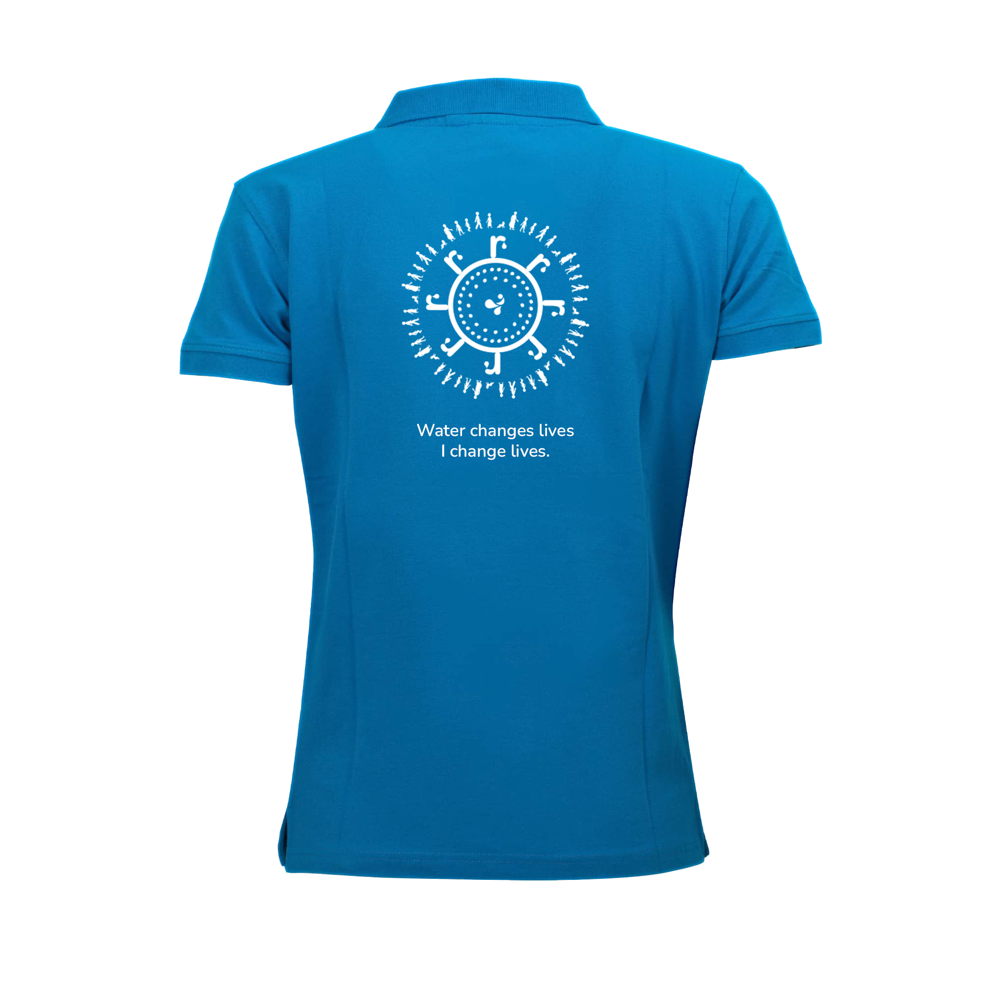 blue polo with atlas copco logo in white and water for all logo