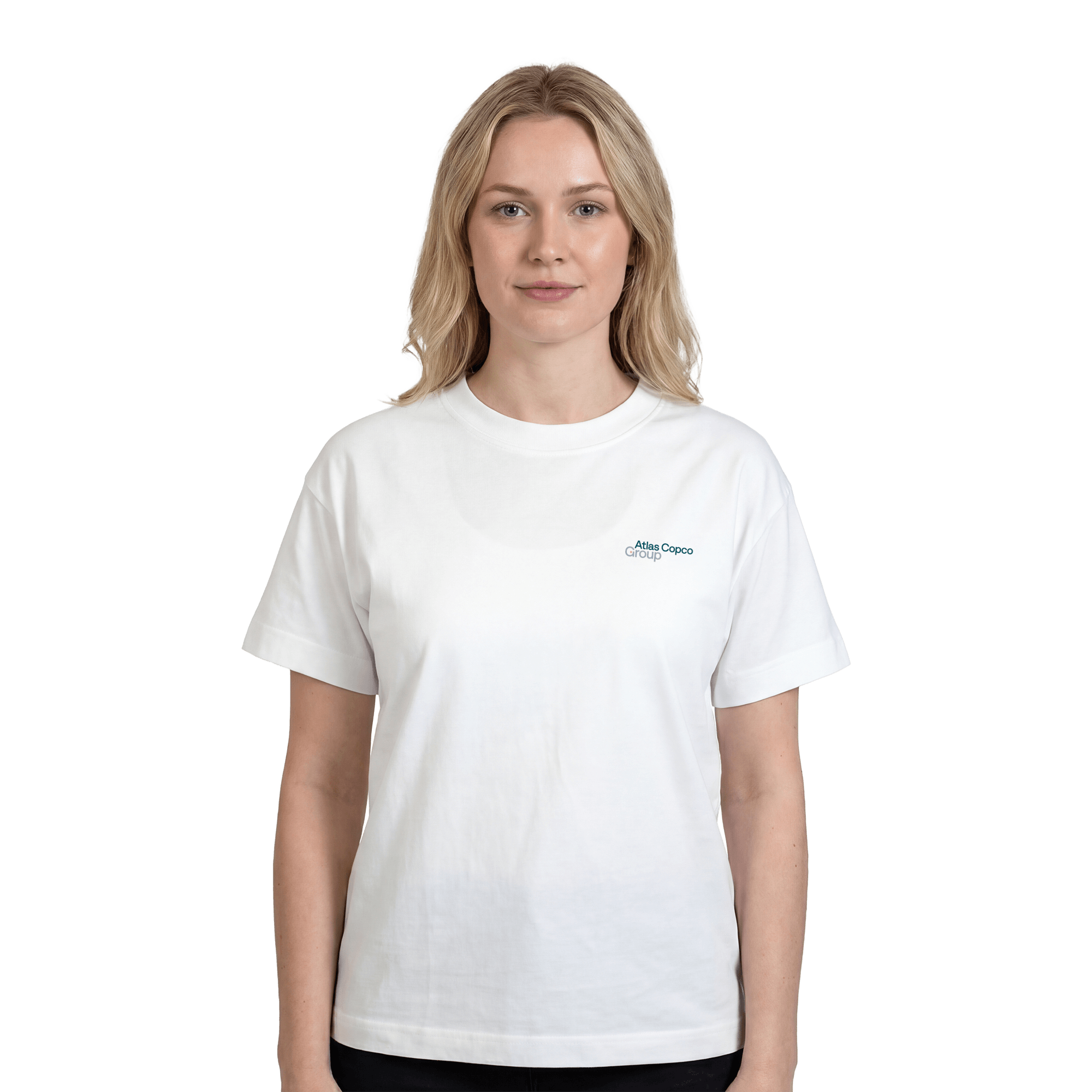 woman wearing white tshirt with atlas copco group logo