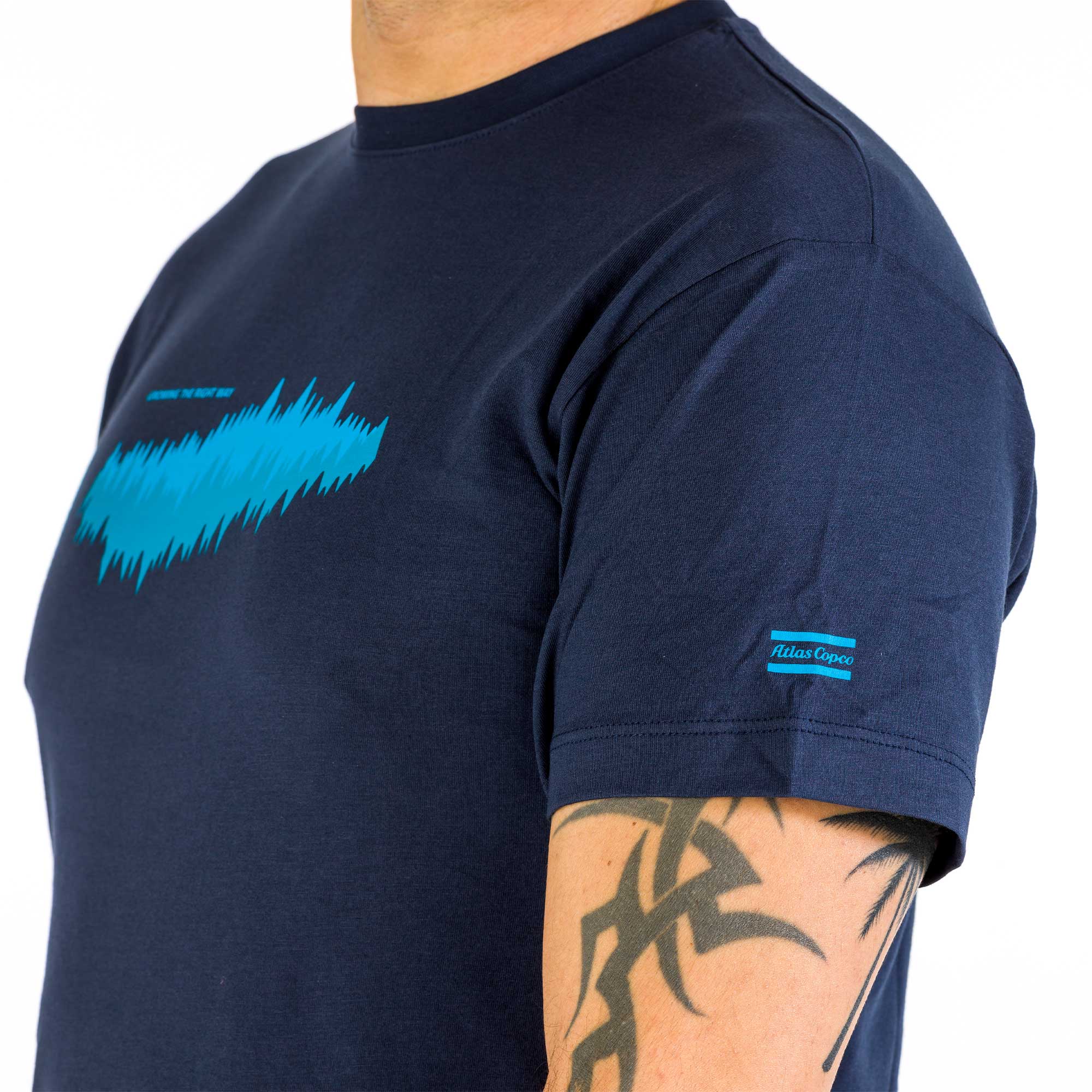 navy tshirt with gtrw pattern and atlas copco logo on sleeve