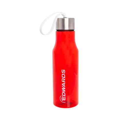 red transparent water bottle with edwards logo